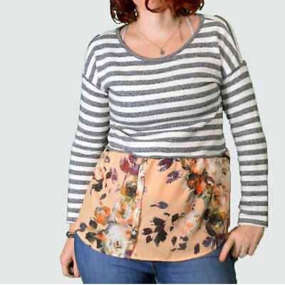 Postmark Anthropologie Ginny floral print striped top oversized layered Sz Large - Picture 1 of 9